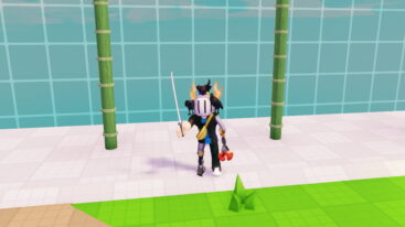 Roblox Strongest Sword Fighter Avatar With White Black Hair And Horns Holding Sword Standing On White Platform With Bamboo Trees And Blue Glass Walls