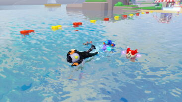 Roblox Swim To Save Princess A Roblox Character In A Black And White Suit And Mask Is Floating In The Ocean Next To A Red And White Dog And A Blue And Pink Cat