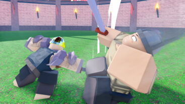 Roblox Sword League Two Avatars Wearing Armour Fighting In A Grass Filled Arena