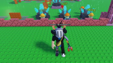 Roblox Your Goblin Mine A Roblox Character With A White Helmet Banana Bag And Red Claw Arm Stands On A Green Blocky Platform In Front Of Multiple Mining Areas