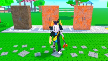 Oblox Fridge Rng A Roblox Character With A White Helmet Gold Horns A Banana Bag And A Red Claw Arm Stands On A Green Blocky Platform In Front Of Three Large Fridge Two Rusty