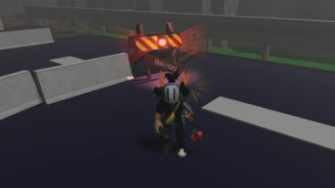 Roblox 99 Nights Forest Escape A Silver Helmeted Avatar Stands On A Dark Asphalt Road Near A Glowing Red And Yellow Striped Barricade With A Danger Sign And Grey Concrete Blocks