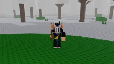 Roblox 99 Nights In The Arctic A Silver Helmeted Avatar Holds A Blocky Axe Standing On A Dividing Line Between Green And Grey Studded Blocks With Leafless Trees In Heavy Fog