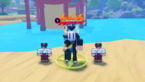 Roblox Anime Elements Simulator A Silver Helmeted Avatar Stands On A Sandy Beach Inside A Compass Circle Next To Two Female Avatars With Blue Water And A Japanese Gate Behind Them