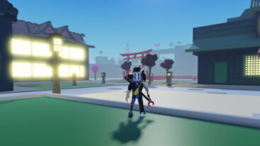 Roblox Anime Fighting Simulator Reborn A Silver Helmeted Avatar With A Claw Arm Stands On A Pavement In A Japanese Style Square With Lanterns A Torii Gate In The Background