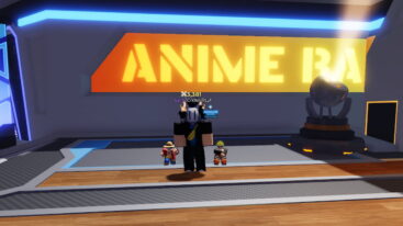Roblox Anime Raid A Silver Helmeted Avatar Stands On A Wooden Floor Near Two Anime Pets Luffy And Naruto In A Futuristic Arena With A Large Glowing Orange Anime Raid Sign