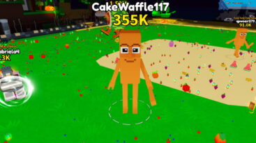 Roblox Be A Super Brainrot A Massive Orange Brainrot Holding A Club In A Field With Fruit And Other Brainrots