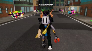 Roblox Be A Beggar A Silver Helmeted Avatar With A Metal Claw Arm Stands On An Asphalt Street With Glitchy Npcs Roaming In Front Of Brick Apartment Buildings