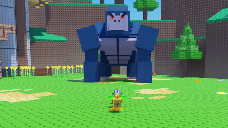 Roblox Beastify A Small Yellow Chick Standing Before A Giant Monkey With Red Eyes