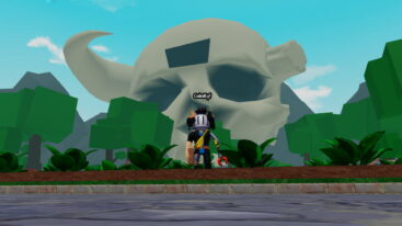 Roblox Black Grimoire A Silver Helmeted Avatar With A Claw Arm Stands On A Dirt Patch With Dark Green Bushes In Front Of A Massive Horned Skull And Blocky Green Trees