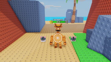 Roblox Brainrot 1 Power An Orange Blocky Avatar Wearing An Orange Slice Body And A Hat Stands On A Sandy Beach With Two Cat Head Pets Flanking It Near A Palm Tree And Large Blocks