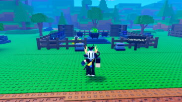 Roblox Brew A Potion A Silver Helmeted Avatar With A Claw Arm Stands On A Bright Green Studded Field In Front Of A Wooden Fence Where A Black Cauldron Is Bubbling With Green Fumes