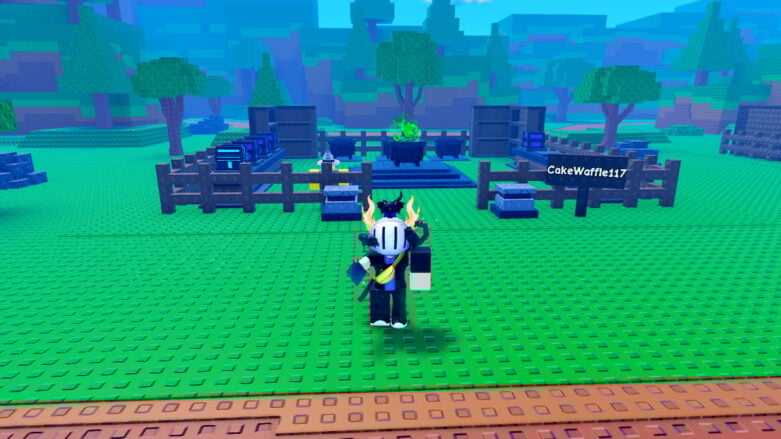 Roblox Brew A Potion A Silver Helmeted Avatar With A Claw Arm Stands On A Bright Green Studded Field In Front Of A Wooden Fence Where A Black Cauldron Is Bubbling With Green Fumes