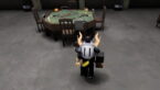 Roblox Buckshot A Silver Helmeted Avatar With A Black Cat On Their Shoulder Stands On A Grey Floor Facing A Wooden Gaming Table With A Shotgun And Candles In The Center