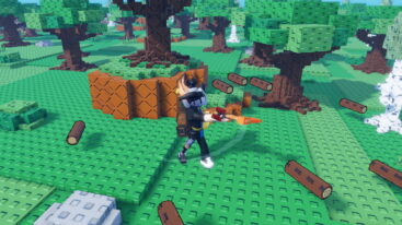 Roblox Build A Bridge A Silver Helmeted Avatar With An Orange Claw Arm And A Bronze Axe Stands On A Bright Green Studded Field With Blocky Trees And Logs Littering The Ground