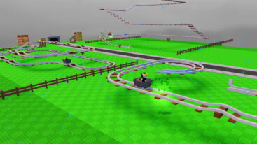 Roblox Build A Roller Coaster A Silver Helmeted Avatar Is Riding In A Minecart On A Curving Roller Coaster Track Over A Large Green Field While It Appears To Be Raining