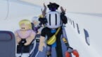 Roblox Cabin Crew Simulator Avatar Wearing Silver Helmet Cat On Head Banana Bag And Claw Arm Standing In Airplane Near Npcs