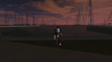 Roblox Carbilife A Silver Helmeted Avatar With A Claw Arm Stands On A Grass Patch Near A Dark Pavement With A Dark Bay Behind It Full Of Sailboats And Masts Under A Dramatic Sunset Sky