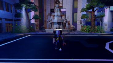 Roblox Cooking Chaos Avatar Wearing Silver Helmet And Claw Hand Standing On Black Road With A Stone Fountain Behind With Two Trees On Either Side