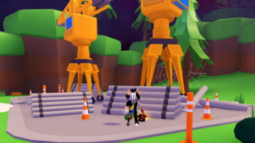 Roblox Destroy The World A Silver Helmeted Avatar Stands In A Construction Area With Two Large Orange Cranes A Stack Of Metal Pipes And Traffic Cones On A Concrete Pad