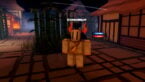 Roblox Dojo X An Avatar Wearing A Silver Helmet And A Tan Gi Or Suit Is Standing On A Stone Path Near Bamboo Stalks And An Old Japanese Style Building At Night