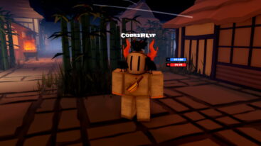 Roblox Dojo X An Avatar Wearing A Silver Helmet And A Tan Gi Or Suit Is Standing On A Stone Path Near Bamboo Stalks And An Old Japanese Style Building At Night
