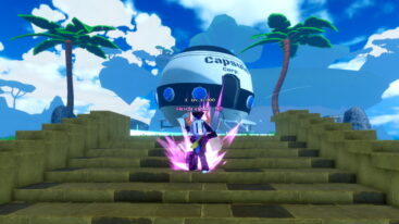 Roblox Dragon Ball Evolution A Silver Helmeted Avatar With A Pink Aura Stands On Golden Stairs With Android 19 Above Its Head And A Capsule Corp Spaceship And Two Palm Trees Behind It