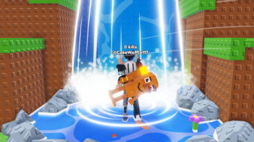 Roblox Eat Brainrot For Fight A Silver Helmeted Avatar Holds An Orange Blocky Brainrot Figure Standing Under A Bright Glowing Waterfall With Walls Made Of Brown And Green Studded Blocks