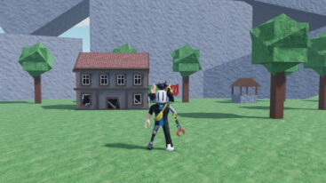 Roblox Ego Piece A Silver Helmeted Avatar With A Claw Arm Stands On A Bright Green Field In Front Of A Small Grey House With A Red Roof Blocky Trees And Large Grey Rock Formations