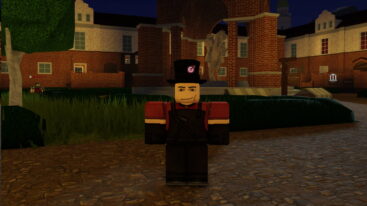 Roblox Empire Clash A Smirking Roblox Avatar In Red Overalls And A Black Top Hat Stands On Cobblestone In A Courtyard Surrounded By Red Brick Buildings At Night