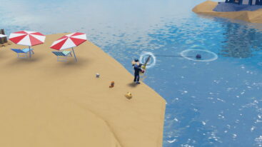 Roblox Fish A Pet A Silver Helmeted Avatar Is Standing On A Sandy Beach Fishing With A Rod That Has A Chainsaw At The End With A Blue Ring Of Water Around The Line And Three Small Pets Behind