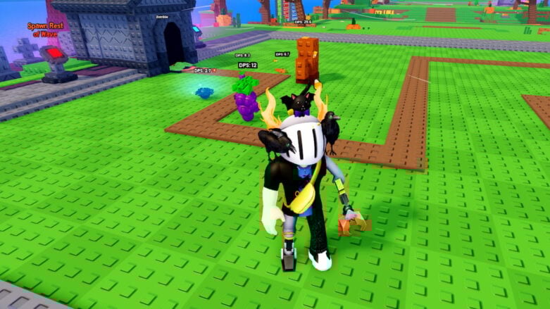 Roblox Garden Vs Zombies A Silver Helmeted Avatar With A Black Cat On Their Head Stands On A Bright Green Studded Field Near A Dirt Path With Plants Like Grapes