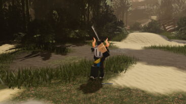 Roblox Ghost Samurai Fighting A Silver Helmeted Avatar Is Holding A Katana Behind Its Head Ready To Strike Standing On A Sandy Path In A Dark And Foggy Jungle Environment