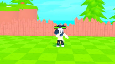 Roblox Gym Fight Simulator A Shirtless Silver Helmeted Avatar Is Doing A Bicep Curl On A Bright Green Field In Front Of A Pink Plank Fence With Trees