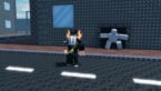 Roblox Heads Please A Silver Helmeted Avatar Is Flipping A Coin On A Dark Studded Street In Front Of A Blocky Grey Building With A White Featureless Mannequin Emerging From A Doorway
