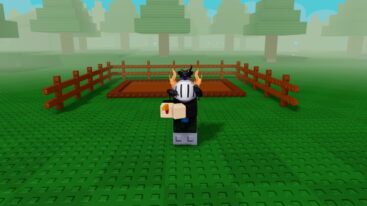 Roblox Hells Garden A Silver Helmeted Avatar Holds An Orange Blocky Revolver Standing In Front Of A Fenced Brown Dirt Patch On A Green Studded Block Ground In A Foggy Blocky Forest