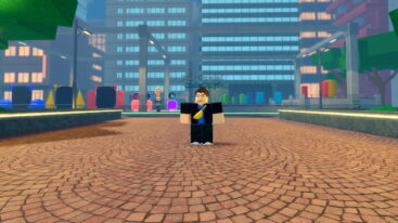 Roblox Heroic Legacy A Black Clothed Avatar With A Yellow Fanny Pack Stands On A Reddish Brown Cobblestone Plaza In Front Of A Modern City Skyline And A Row Of Colorful Animal Eared Objects