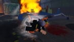 Roblox Hyperloot Avatar Wearing Silver Helmet Flipping As A Burning Car Burns Behind Him