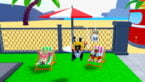 Roblox Jump And Splash A Silver Helmeted Avatar Wearing A Ducky Floatation Ring Is Under A Red And White Parasol Next To Two Deck Chairs On A Grassy Area By A Fenced Beach