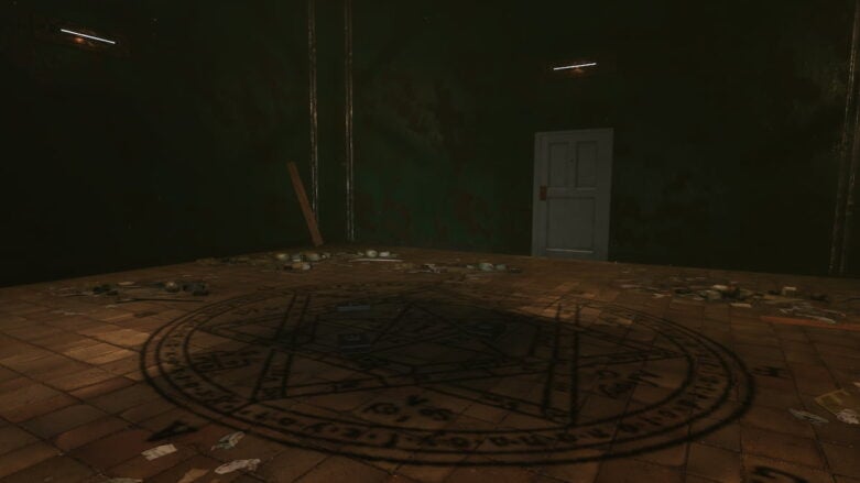 Roblox Lost Rooms A Large Shadow Of A Black Sigil Is On A Debris Littered Brown Tiled Floor In A Decrepit Room With Dark Green Walls And A White Door