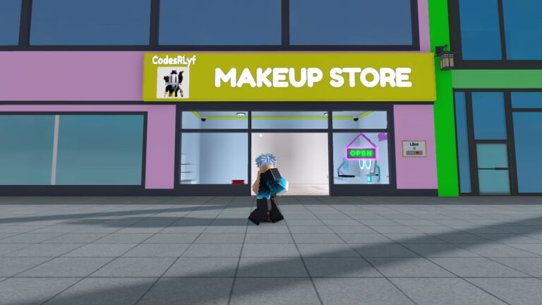 Makeup Store Simulator Codes June 2026 Try Hard Guides Roblox Makeup Store Simulator A Yellow Signed Store That Says Makeup Store With A Pink And Green Facade And An Avatar Walking Past On A Wide Grey Sidewalk 768x432 