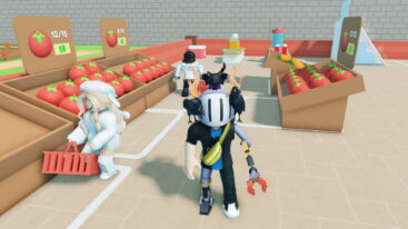 Roblox Mart Simulator A Silver Helmeted Avatar With A Claw Arm Stands In A Market Near Wooden Stands Filled With Tomatoes With Other Customers Nearby