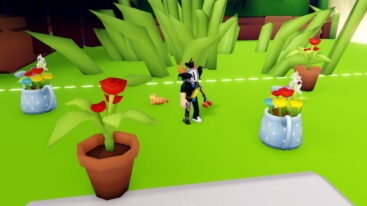 Roblox Meow Simulator A Silver Helmeted Avatar With A Claw Arm Stands On Bright Green Grass Near An Orange Tabby Cat Surrounded By Oversized Grass Blades And Potted Flowers