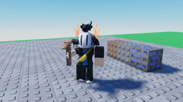 Roblox Mine A Block A Silver Helmeted Avatar With A Black Cat On Top Is Holding A Wooden Pickaxe And Stands In Front Of Three Blocks Brown And Blue Sapphire
