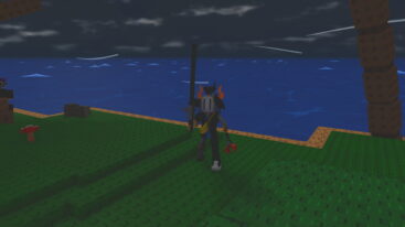 Roblox My Fishing Island A Silver Helmeted Avatar Holds A Fishing Rod On A Blocky Studded Grass Island With The Ocean And A Palm Tree In The Stormy Background