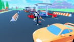 Roblox My Workshop A Silver Helmeted Avatar Stands On An Asphalt Lot Behind A Bright Orange Sports Car With A Car Repair Or Gas Station Area And Other Cars In The Background