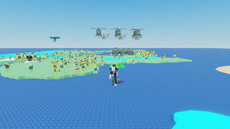 Roblox Noobs War A Silver Helmeted Avatar Stands On The Blue Studded Ocean Near An Island Where Many Yellow And Blue Noob Figures Are Massed With Three Helicopters And Jeeps