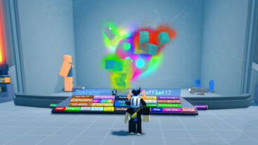 Roblox Parasite Exe A Silver Helmeted Avatar Stands In A Test Chamber In Front Of A Console And A Wall Display With A Blocky Parasite Figure Glowing In Many Different Colors