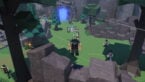 Roblox Peak Evolution Avatar Wearing Pointy Hat Holding Sword Standing On Boulder Looking Over Forest With Enemies And Blue Portal In Distance