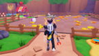 Roblox Pet Quest A Silver Helmeted Avatar With A Claw Arm Stands At The Edge Of A Fenced In Area That Is Filled With Many Yellow Coins